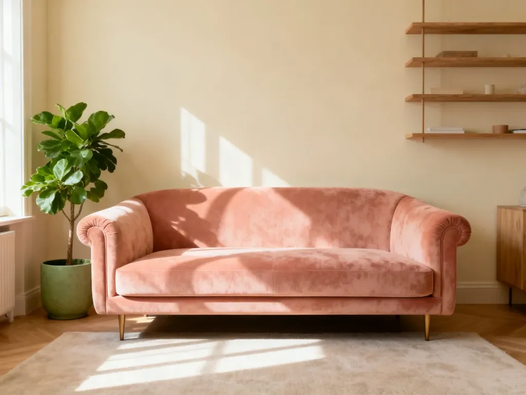Nowoczesny salon z łososiową sofą, beżowymi ścianami i zielonymi roślinami, tworzący przytulną i elegancką aranżację.