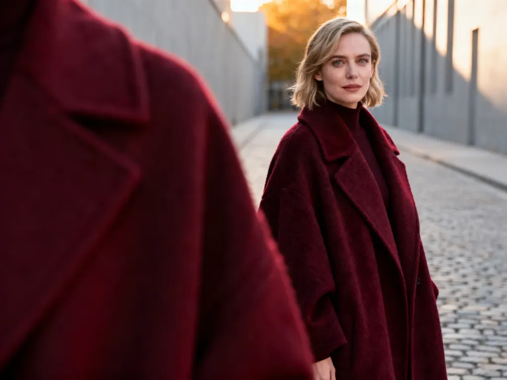 Kobieta w eleganckim, burgundowym płaszczu oversize na tle jesiennej ulicy, prezentująca stylizację w głębokim odcieniu.