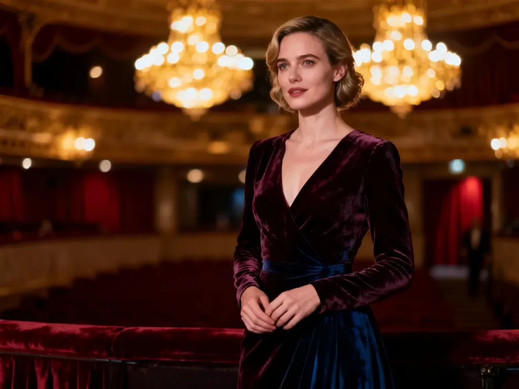 Elegancka kobieta w aksamitnej sukni wieczorowej w luksusowym foyer teatru, prezentująca stylizację na wieczorne wyjście.