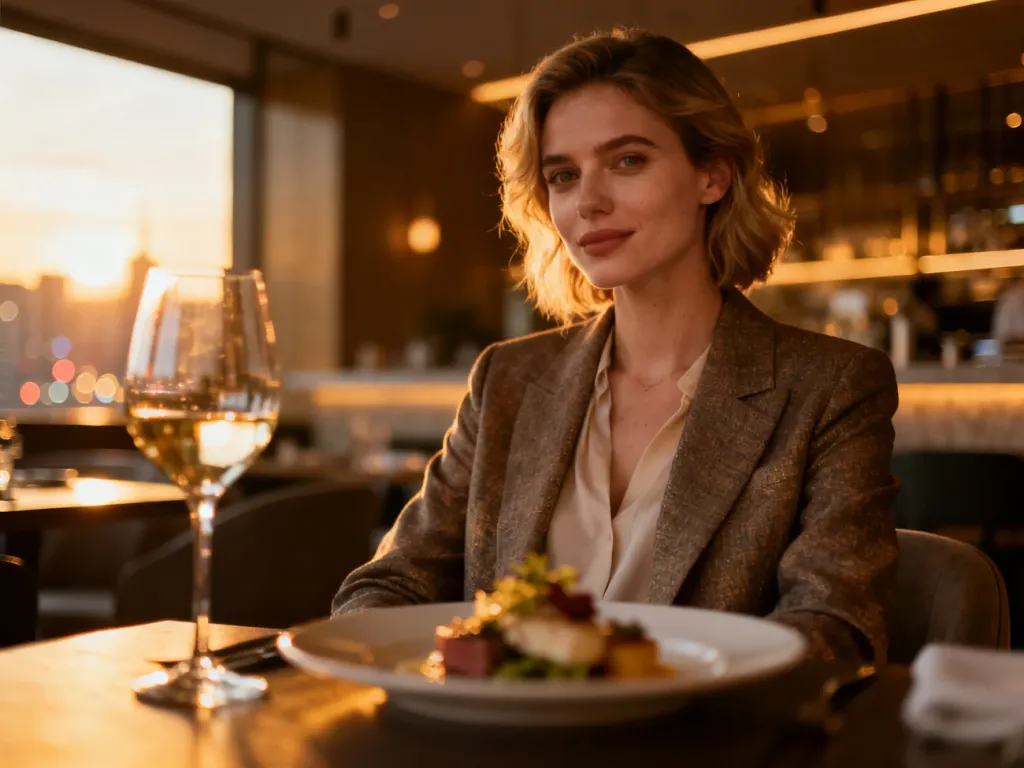 Elegancka kobieta w stroju smart-casual siedząca przy stoliku w restauracji, idealna stylizacja na kolację firmową.