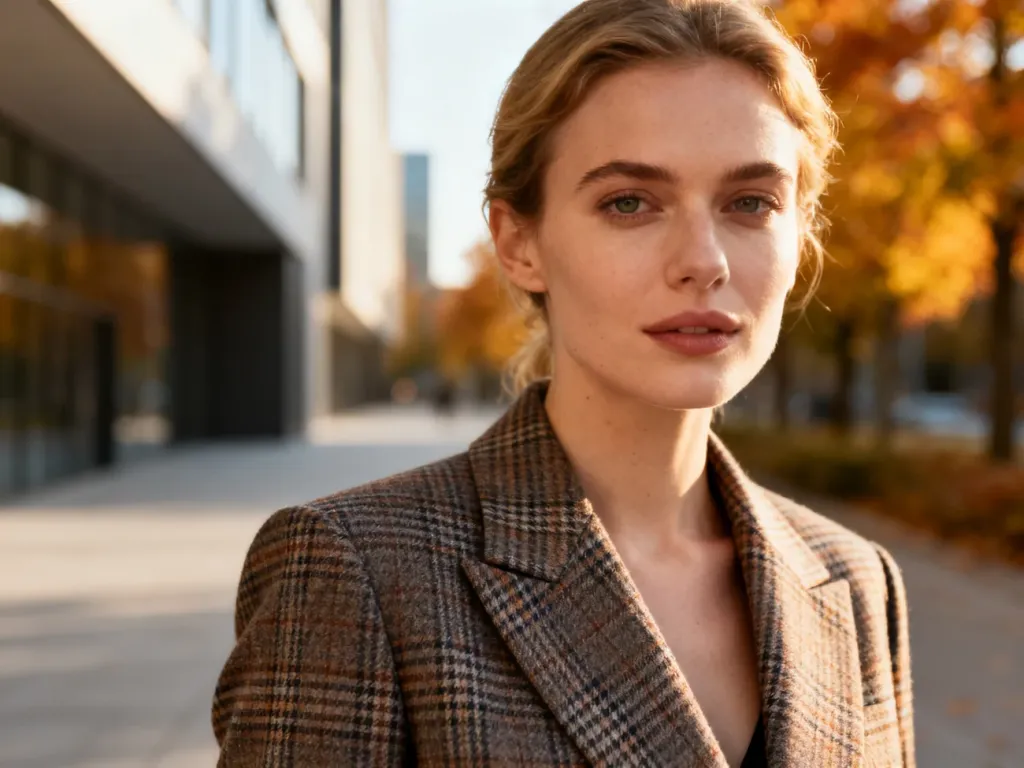 Stylowa kobieta w marynarce w kratę na tle jesiennego miasta, prezentująca elegancki i nowoczesny look.